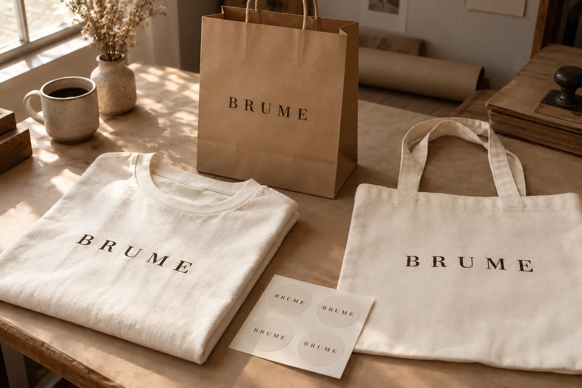 Une même identité café sur T-shirt, tote bag, sac kraft et stickers