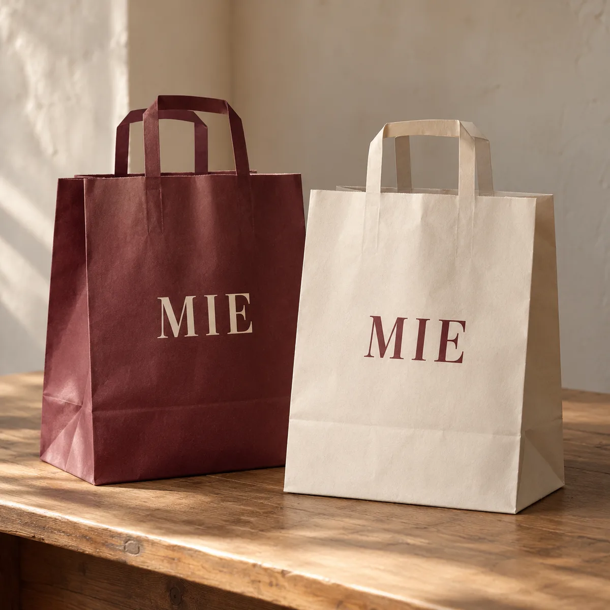 Sacs papier de boulangerie bordeaux et blanc chaud avec poignées plates et impression MIE