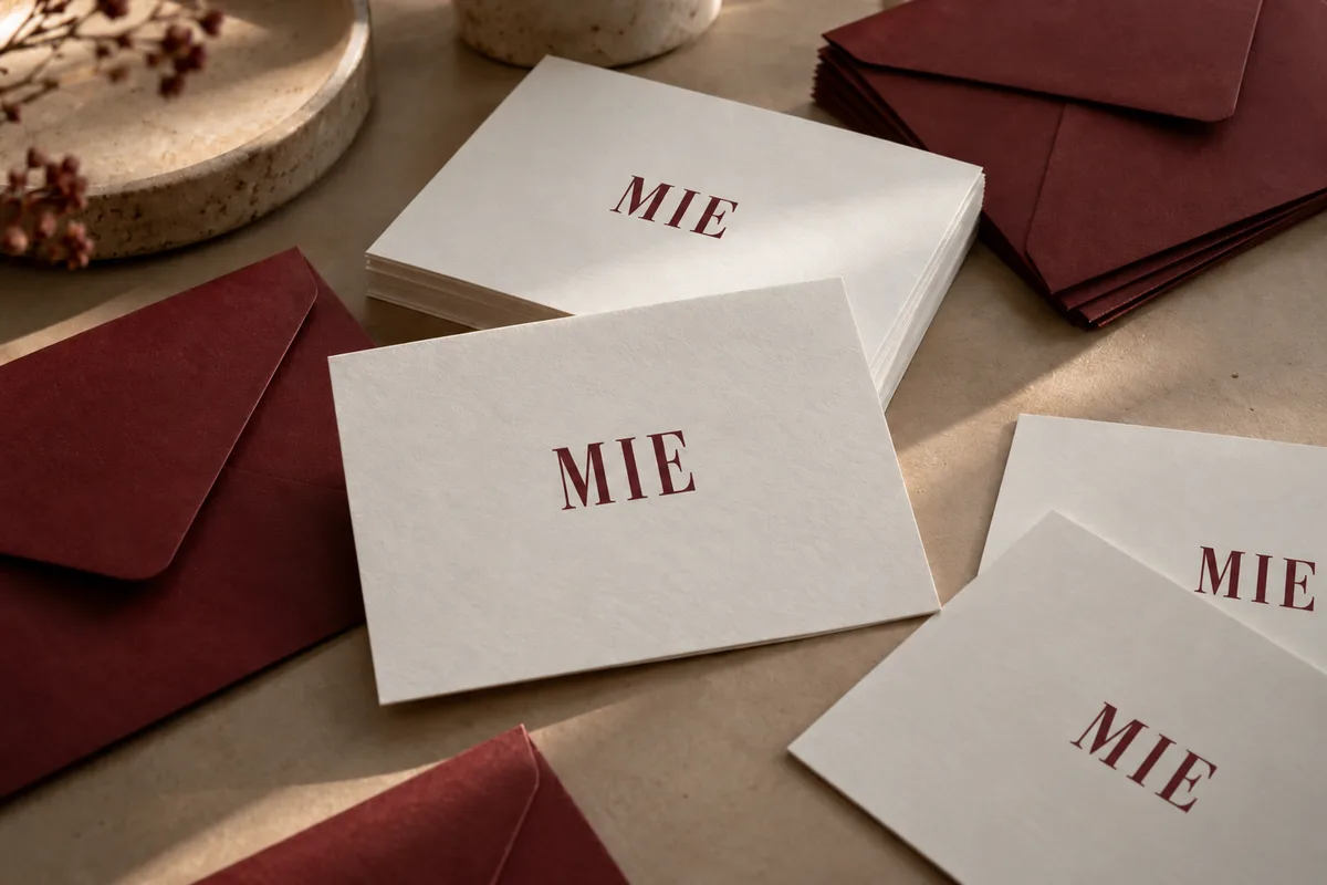 Cartes imprimées sur papier blanc chaud texturé avec enveloppes bordeaux